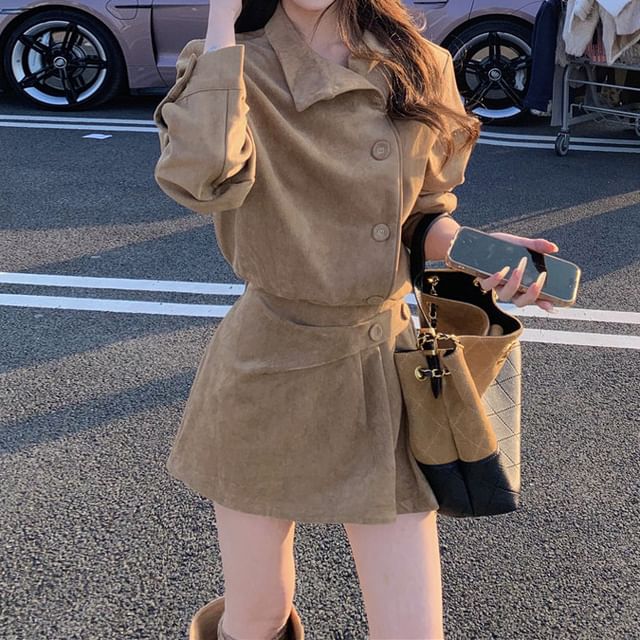 KUMI-Long-Sleeve Collared Half-Buttoned Plain Faux Suede Mini A-Line Dress