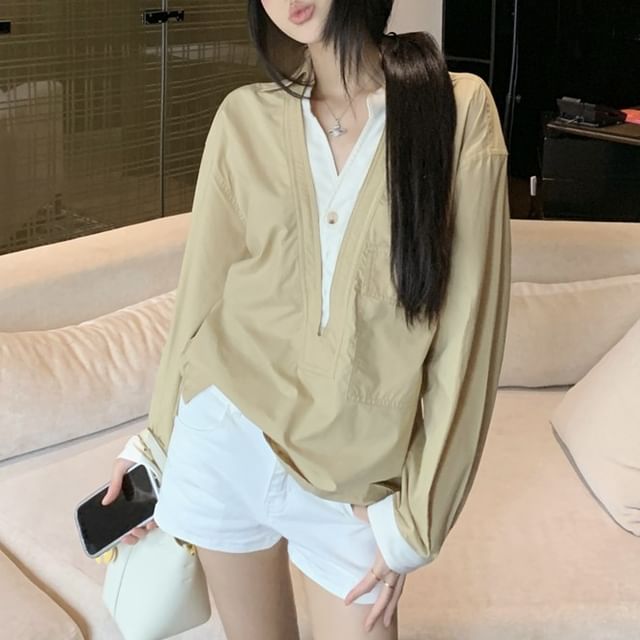 KUMI-Long Sleeve Collared Mock Two Piece Slit Shirt