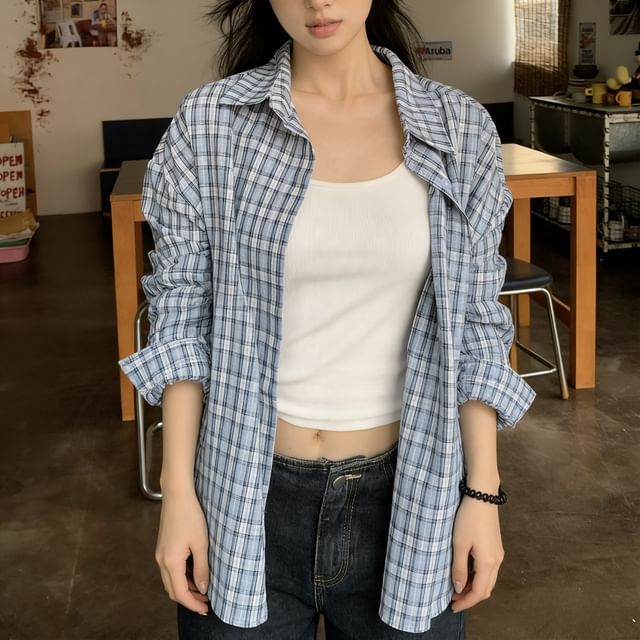 KUMI-Long-Sleeve Collared Plaid Button Up Shirt