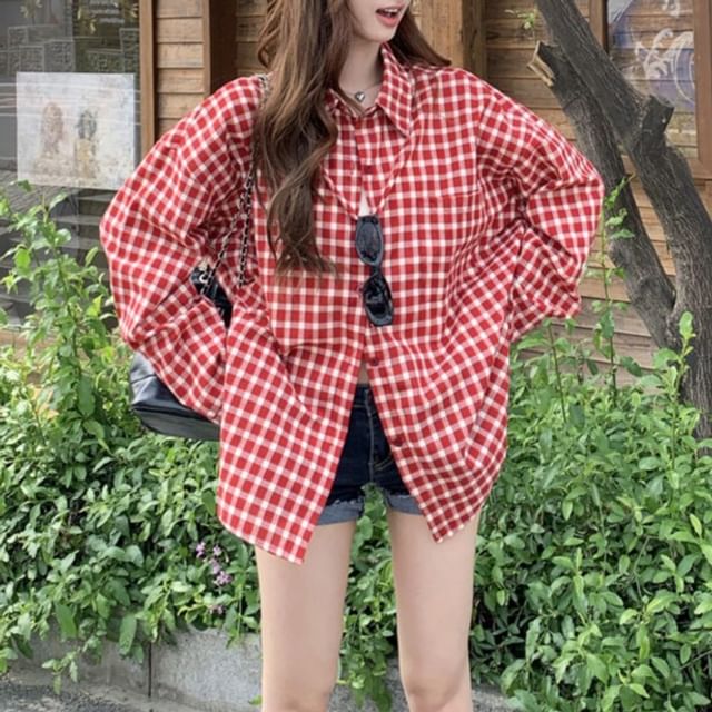 KUMI-Long-Sleeve Collared Plaid Button Up Shirt
