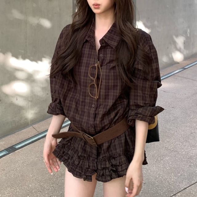 KUMI-Long Sleeve Collared Plaid Frill Shirt