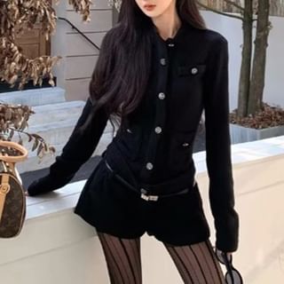 KUMI-Long Sleeve Collared Plain Button Romper Belt