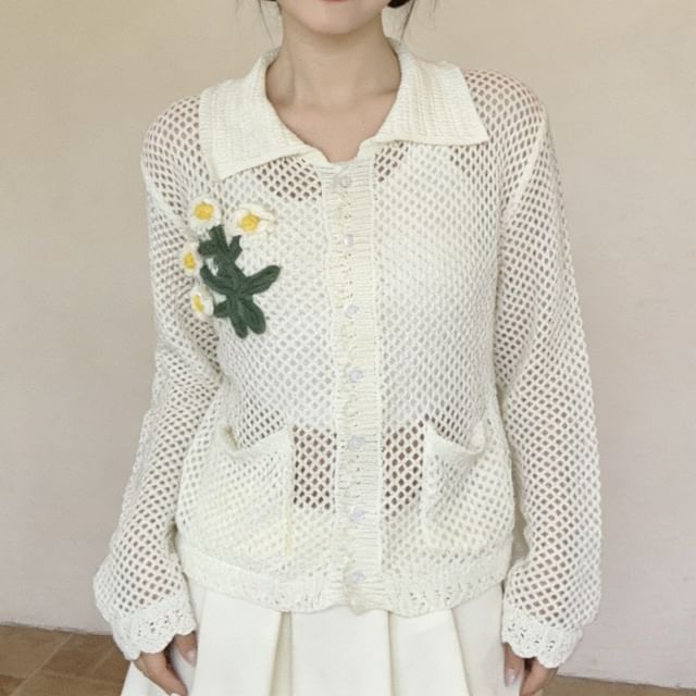 KUMI-Long-Sleeve Collared Plain Button Up Knit Top