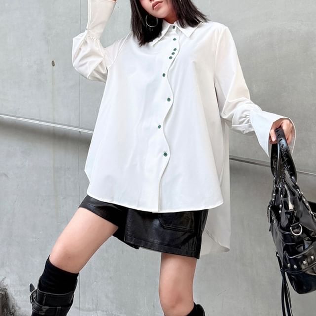 KUMI-Long Sleeve Collared Plain High-Low Shirt