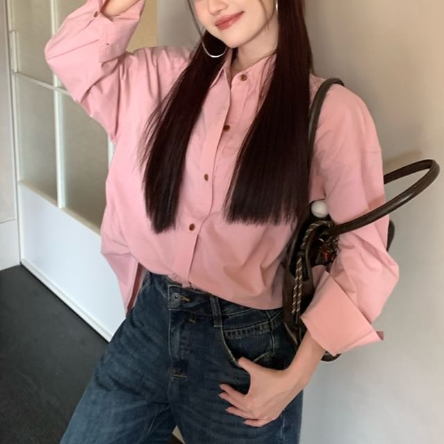 KUMI-Long Sleeve Collared Plain Shirt