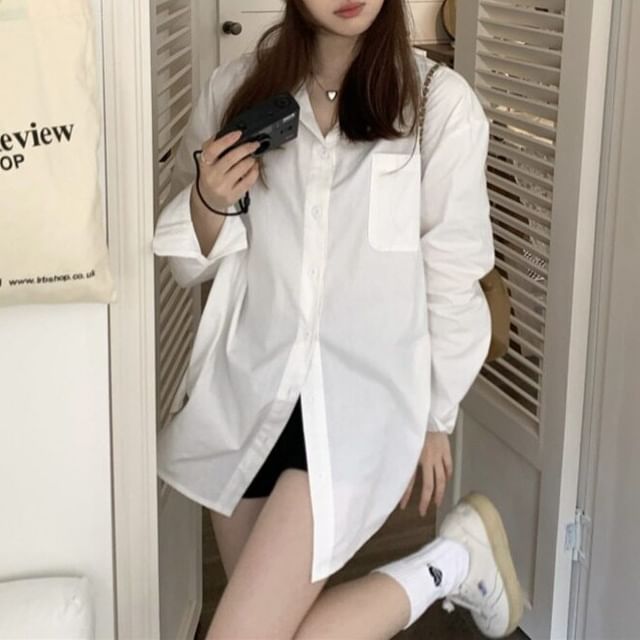 KUMI-Long Sleeve Collared Plain Shirt
