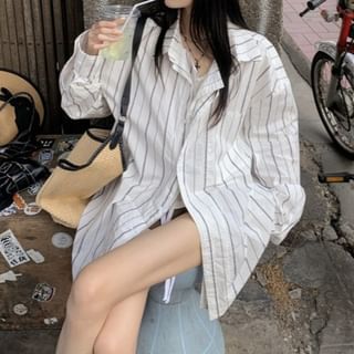 KUMI-Long-Sleeve Collared Striped Button Up Shirt