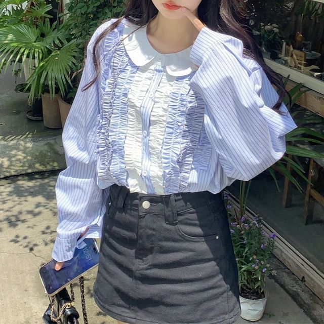 KUMI-Long-Sleeve Collared Striped Ruffle Button Up Blouse