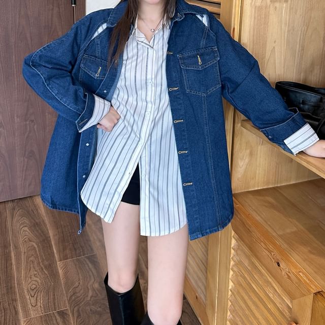 KUMI-Long-Sleeve Collared Striped Shirt