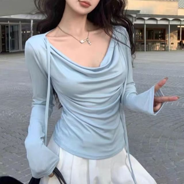 KUMI-Long-Sleeve Cowl Neck Plain Tee