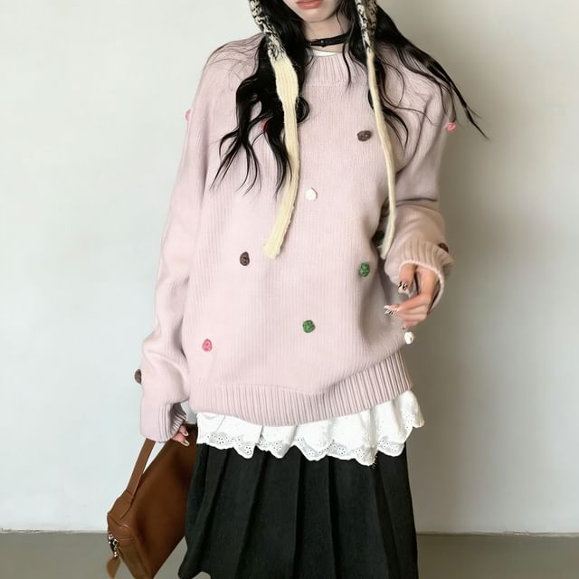 KUMI-Long-Sleeve Crew Neck Bobble Sweater