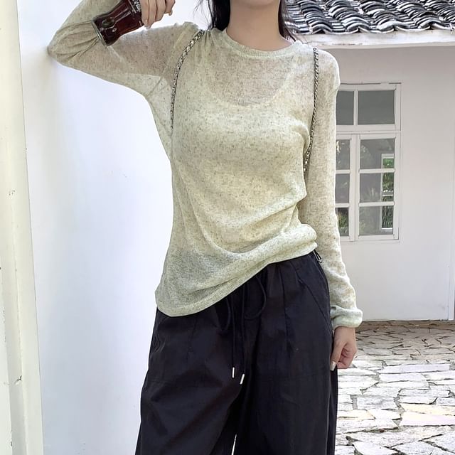 KUMI-Long Sleeve Crew Neck Melange Top
