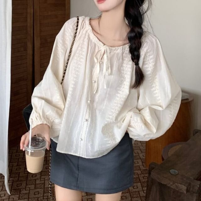 KUMI-Long-Sleeve Crew Neck Plain Button Up Blouse