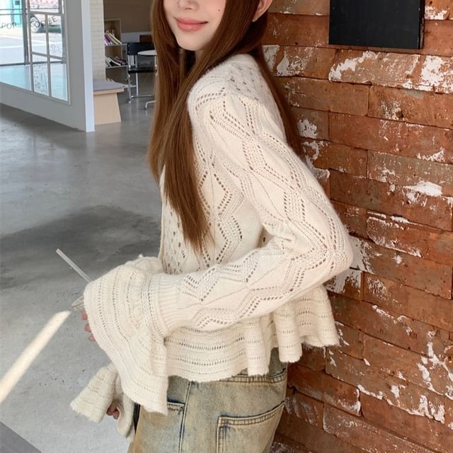 KUMI-Long-Sleeve Crew Neck Plain Pointelle Button Knit Top