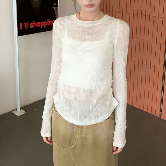 KUMI-Long-Sleeve Crew Neck Plain Sheer Top