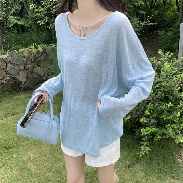 KUMI-Long-Sleeve Drop-Shoulder Plain Open Back T-Shirt