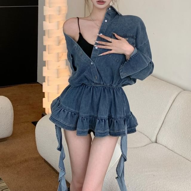 KUMI-Long-Sleeve Half Buttoned Denim Flowy Blouse
