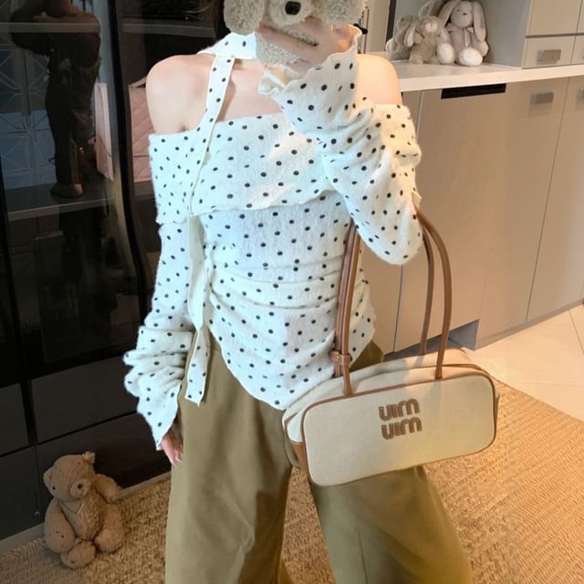 KUMI-Long-Sleeve Halter Neck Dotted Top