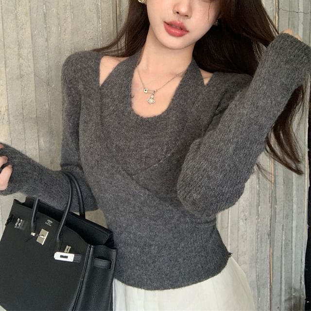KUMI-Long Sleeve Halter Plain Mock Two Piece Knit Wrap Top