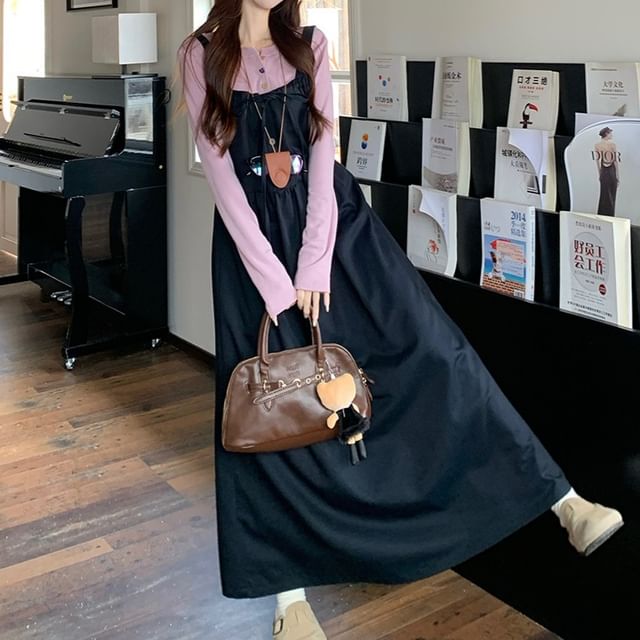 KUMI-Long Sleeve Henley Plain T-Shirt Plain Drawstring Button Maxi A-Line Dungaree Dress
