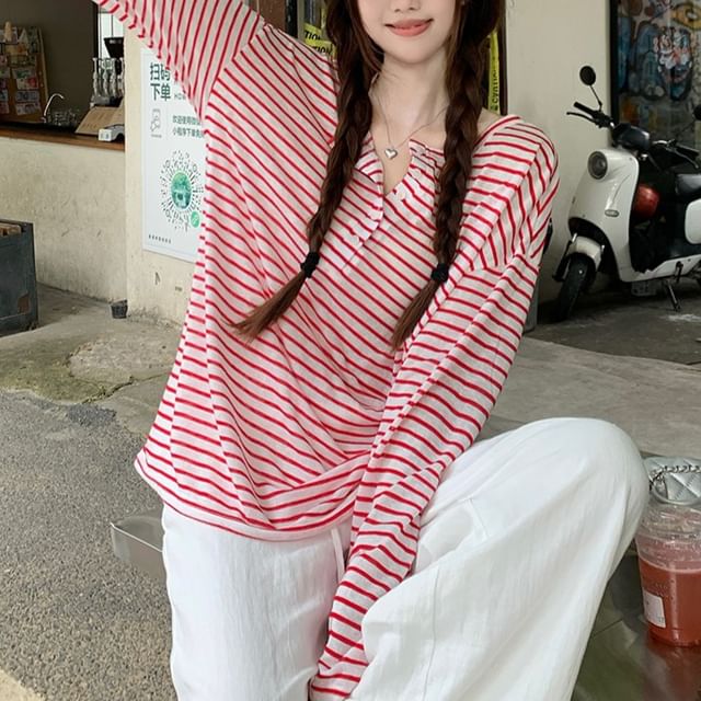 KUMI-Long Sleeve Henley Striped Tee
