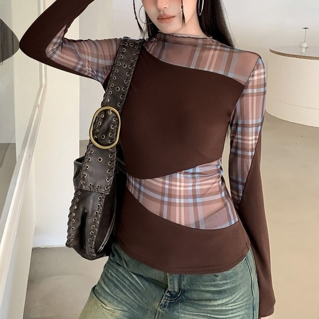 KUMI-Long-Sleeve High Neck Plaid Panel Top