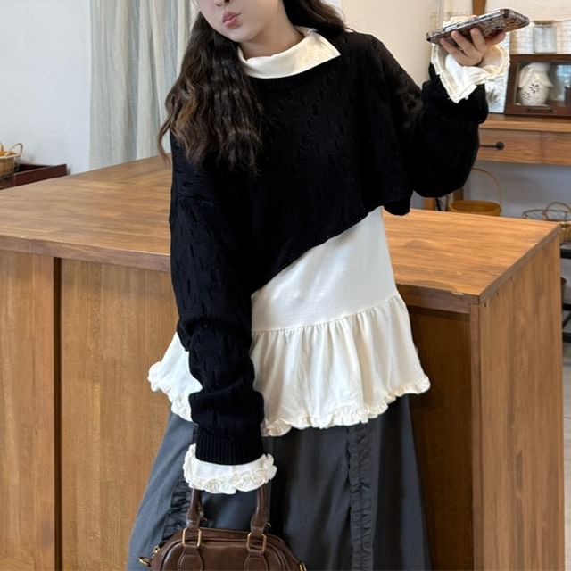 KUMI-Long-Sleeve High Neck Plain Ruffle Hem Tee Long-Sleeve Asymmetrical Crop Sweater High Waist Ruffled Wide Leg Pants