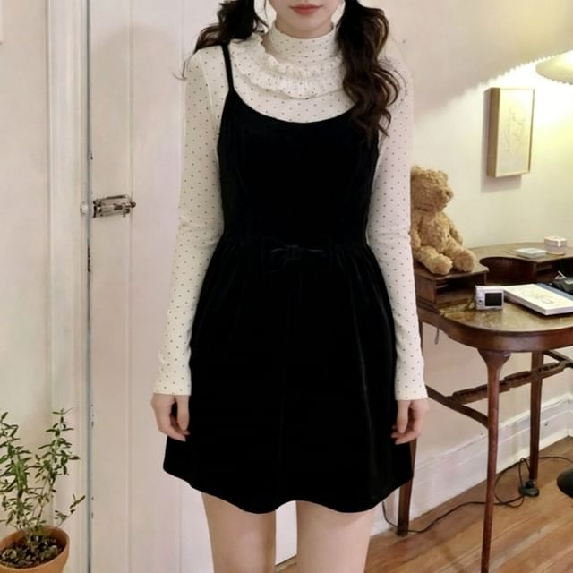 KUMI-Long Sleeve Mock Neck Micro Dotted Ruffle Top Spaghetti Strap Plain Velvet Mini A-Line Dress