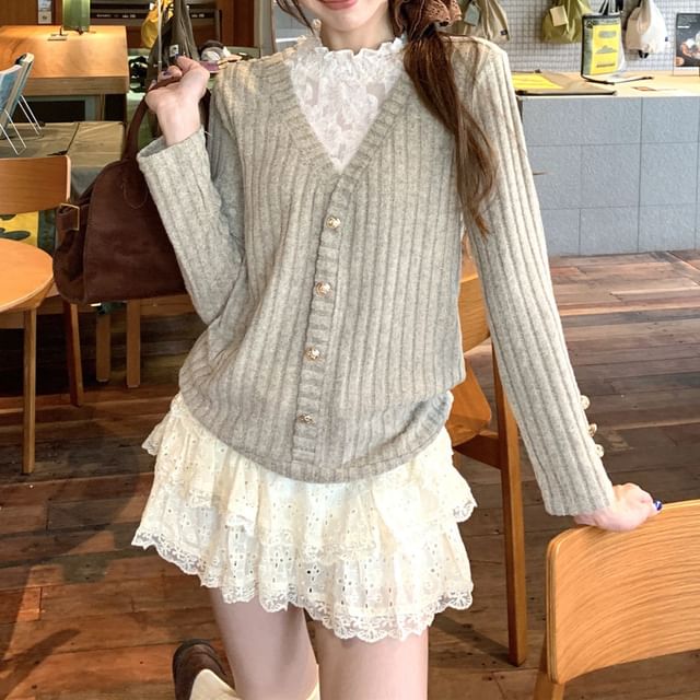 KUMI-Long Sleeve Mock Neck Mock Two Piece Button Ribbed Panel Lace Top