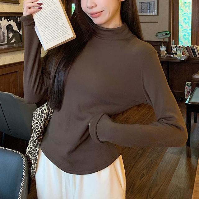 KUMI-Long-Sleeve Mock Neck Plain Fleece Lined Tee