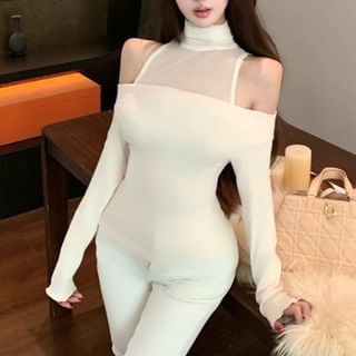 KUMI-Long-Sleeve Mock Neck Plain Sheer Panel Tee