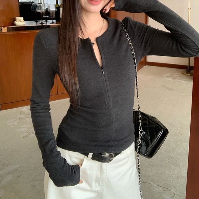 KUMI-Long Sleeve Notch Neck Plain Half Zip Top