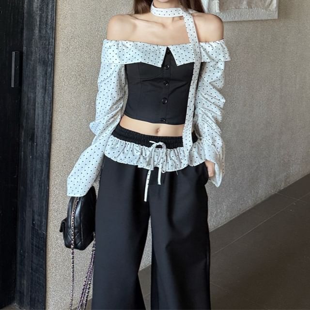 KUMI-Long-Sleeve Off-Shoulder Dotted Panel Cropped Blouse Drawstring Waist Ruffle Trim Wide Leg Pants Skinny Scarf Set