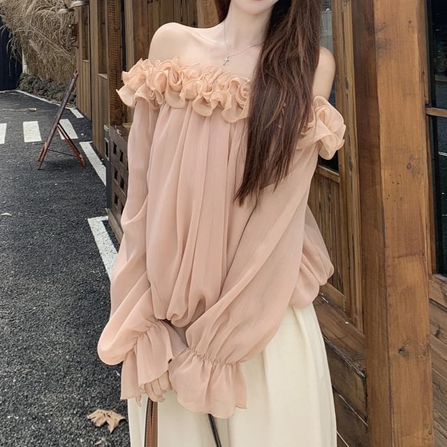 KUMI-Long Sleeve Off Shoulder Plain Ruffle Blouse
