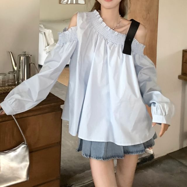 KUMI-Long-Sleeve Off Shoulder Plain Ruffle Trim Blouse