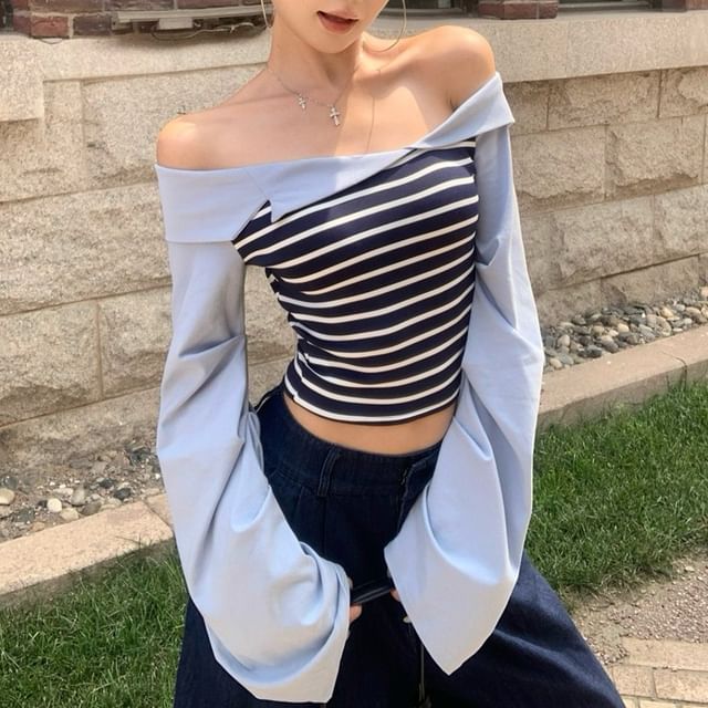 KUMI-Long Sleeve Off Shoulder Striped Panel Top