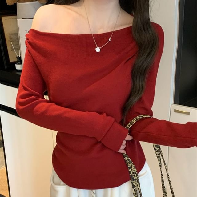 KUMI-Long Sleeve One Shoulder Plain Knit Top