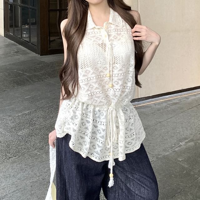 KUMI-Long-Sleeve Perforated Plain Shirt