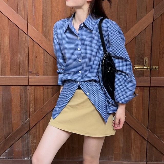 KUMI-Long-Sleeve Plaid Button-Up Shirt