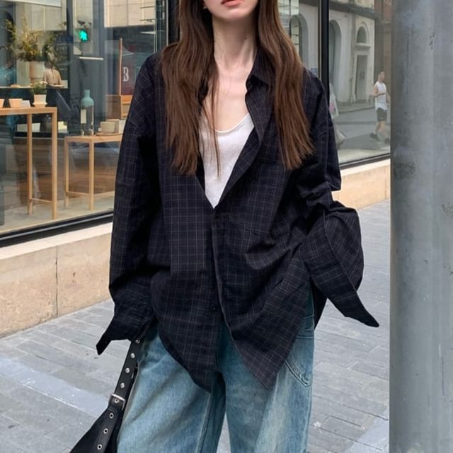 KUMI-Long-Sleeve Plaid Button-Up Shirt