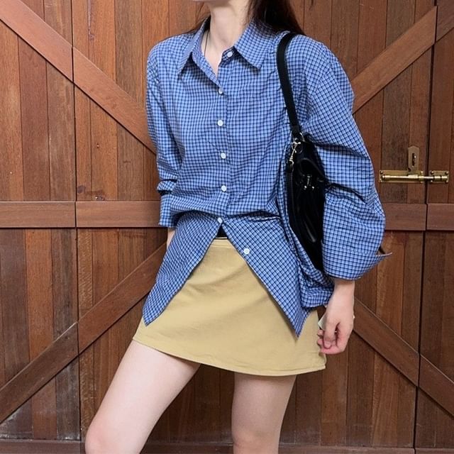 KUMI-Long-Sleeve Plaid Button-Up Shirt