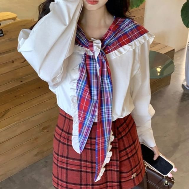 KUMI-Long-Sleeve Plaid Collared Button Up Blouse