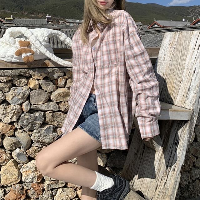 KUMI-Long-Sleeve Plaid Shirt