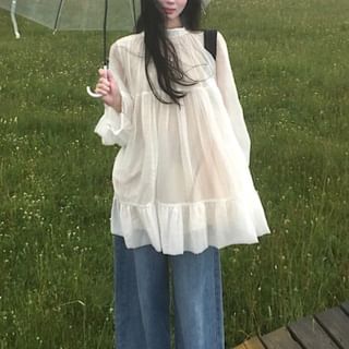 KUMI-Long-Sleeve Plain Flowy Mini Dress