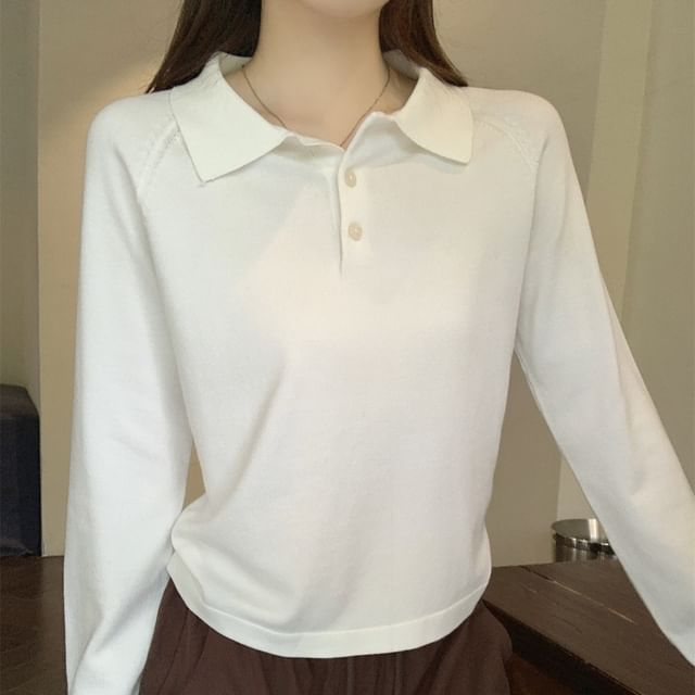KUMI-Long-Sleeve Plain Knit Polo Top