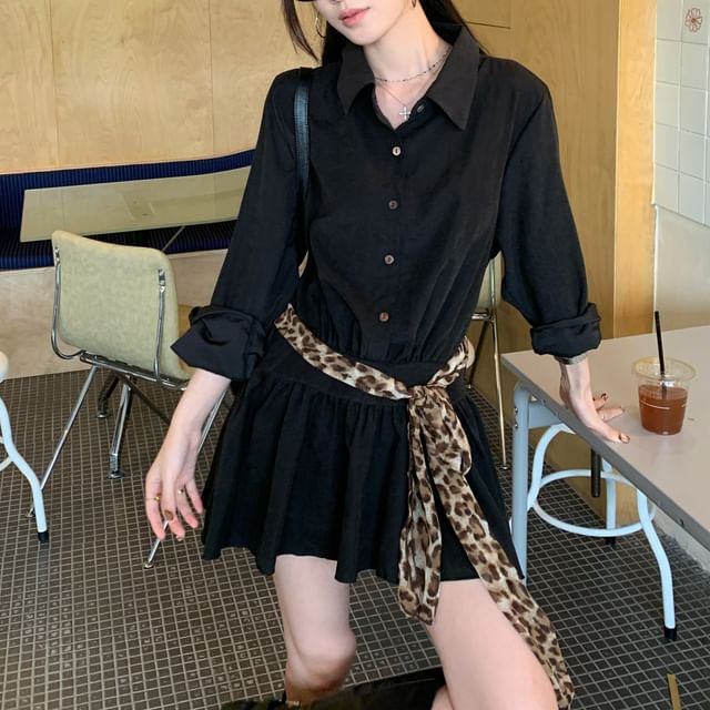 KUMI-Long-Sleeve Plain Mini A-Line Shirt