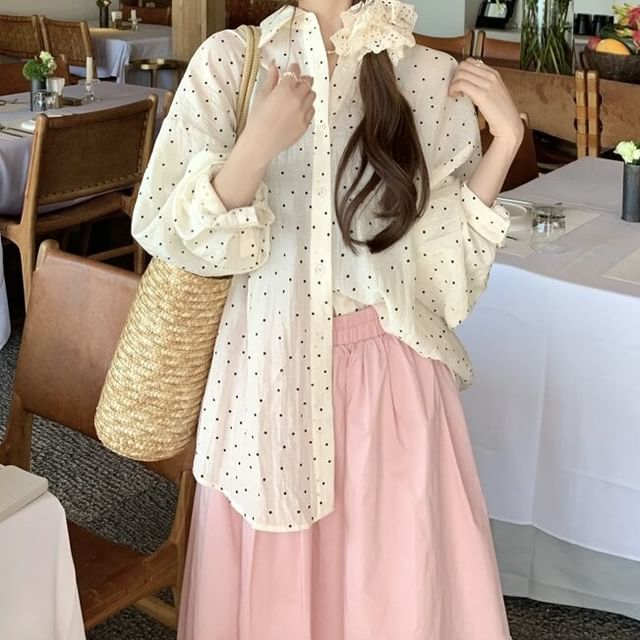 KUMI-Long-Sleeve Polka Dot Light Shirt
