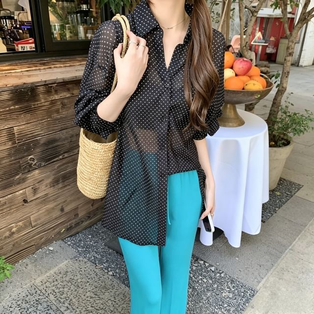 KUMI-Long-Sleeve Polka Dot Sheer Shirt