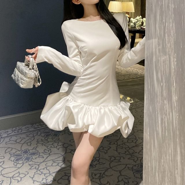 KUMI-Long-Sleeve Round Neck Plain Bubble Mini Dress