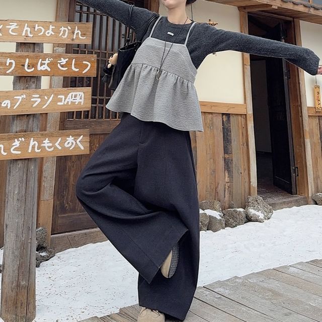 KUMI-Long-Sleeve Round Neck Plain Knit Top Spaghetti Strap Plain Ruffle Camisole Top High Rise Baggy Pants